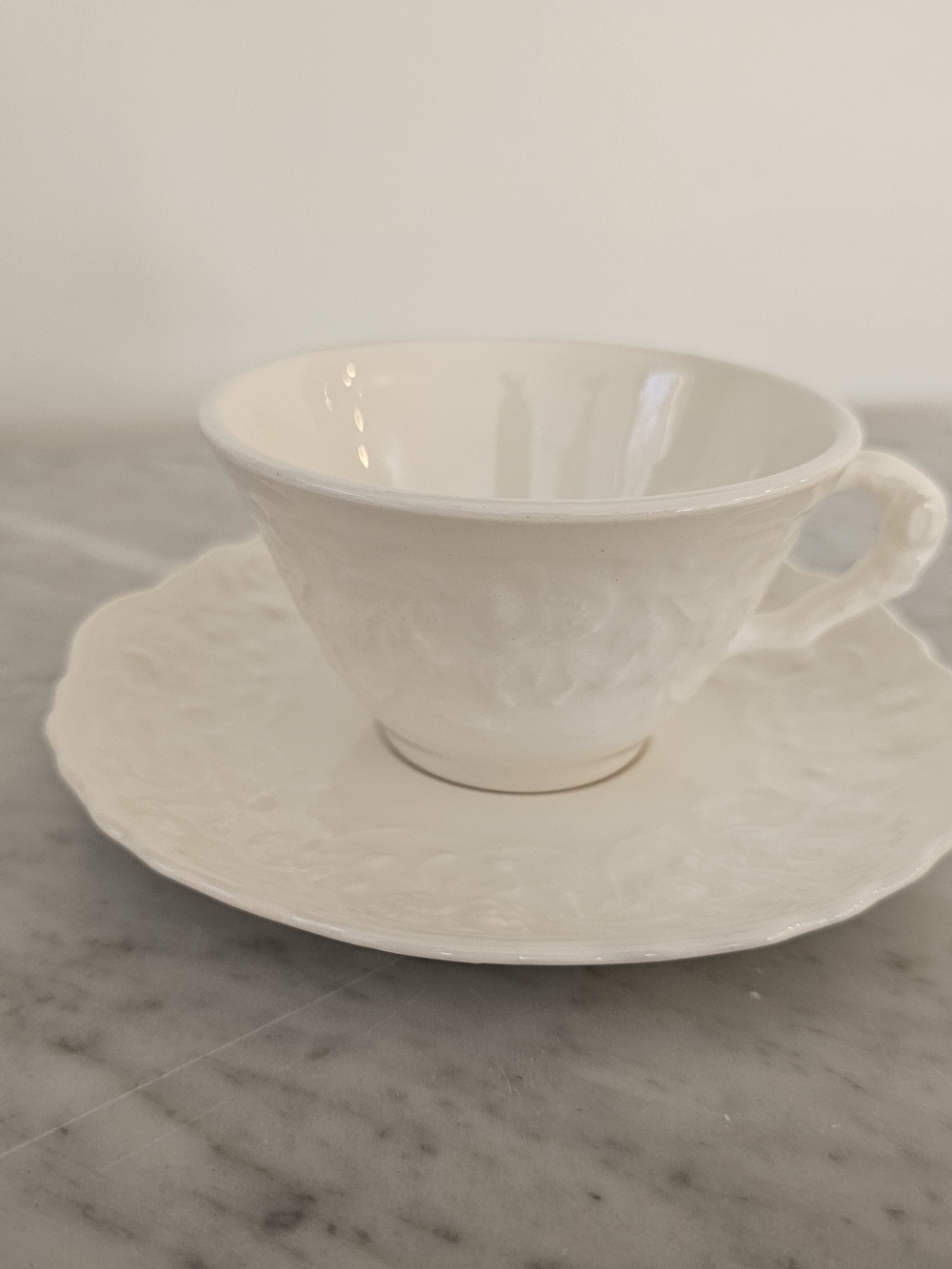 Steubenville Rose Point Tea Cup & Saucer Set White Embossed Floral Vintage - Picture 2 of 8